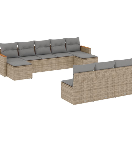 10-tlg. Garten-Sofagarnitur mit Kissen Beige Poly Rattan