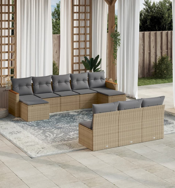 10-tlg. Garten-Sofagarnitur mit Kissen Beige Poly Rattan