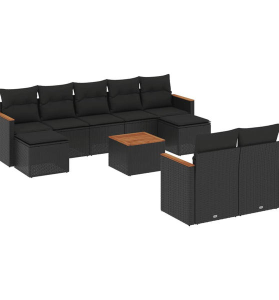 10-tlg. Garten-Sofagarnitur mit Kissen Schwarz Poly Rattan