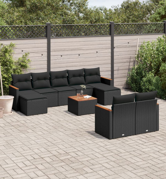 10-tlg. Garten-Sofagarnitur mit Kissen Schwarz Poly Rattan