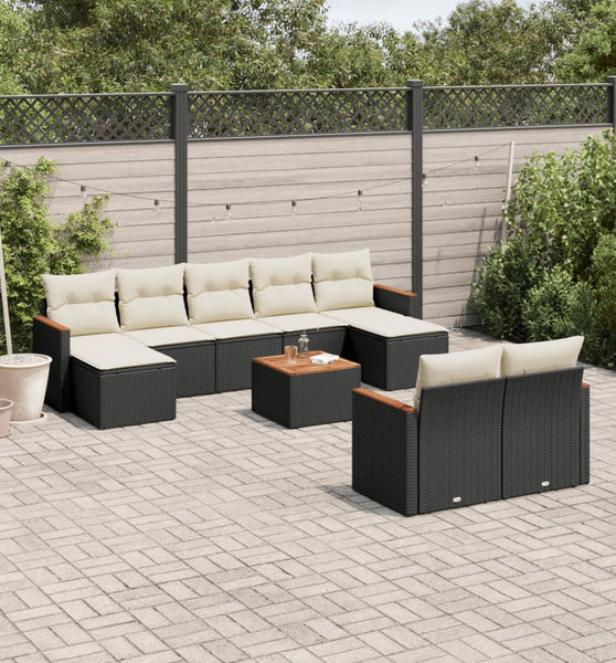 10-tlg. Garten-Sofagarnitur mit Kissen Schwarz Poly Rattan