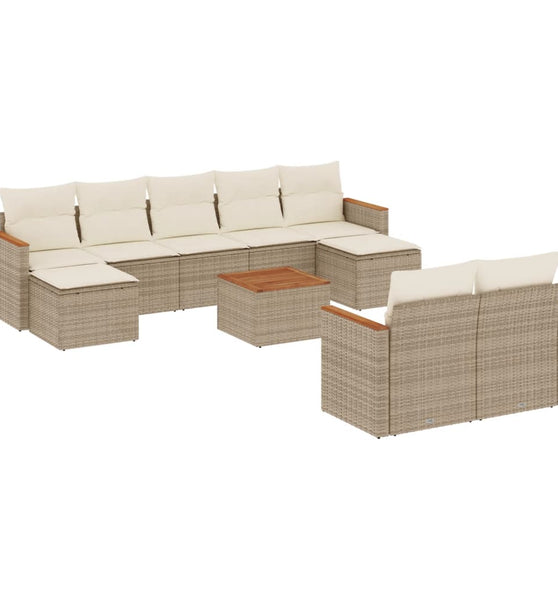 10-tlg. Garten-Sofagarnitur mit Kissen Beige Poly Rattan