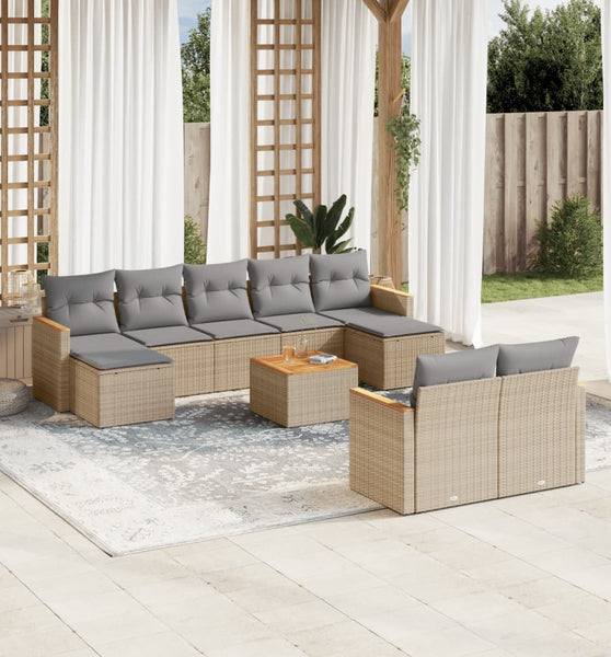 10-tlg. Garten-Sofagarnitur mit Kissen Beige Poly Rattan