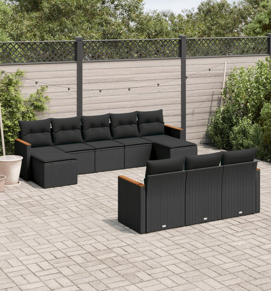 10-tlg. Garten-Sofagarnitur mit Kissen Schwarz Poly Rattan