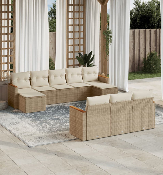 10-tlg. Garten-Sofagarnitur mit Kissen Beige Poly Rattan