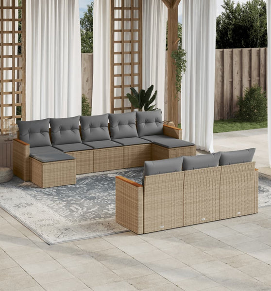 10-tlg. Garten-Sofagarnitur mit Kissen Beige Poly Rattan