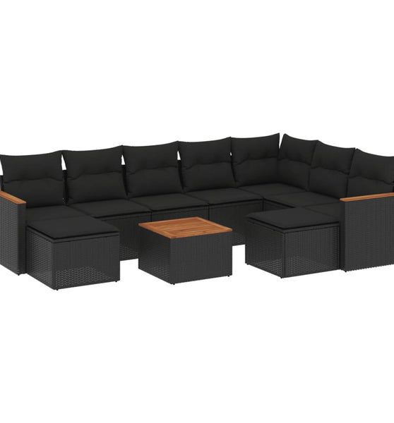 10-tlg. Garten-Sofagarnitur mit Kissen Schwarz Poly Rattan