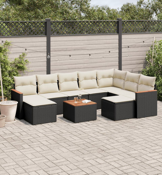 10-tlg. Garten-Sofagarnitur mit Kissen Schwarz Poly Rattan