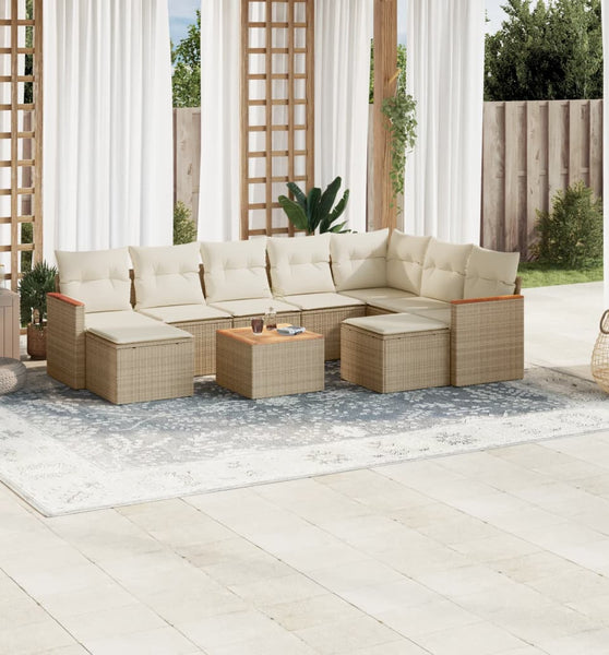 10-tlg. Garten-Sofagarnitur mit Kissen Beige Poly Rattan