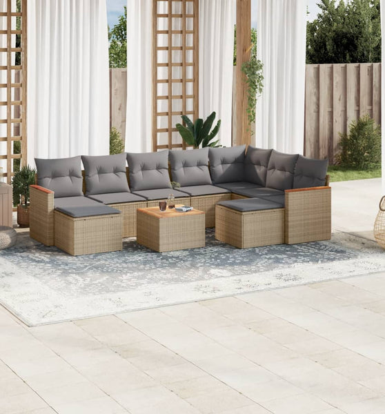 10-tlg. Garten-Sofagarnitur mit Kissen Beige Poly Rattan