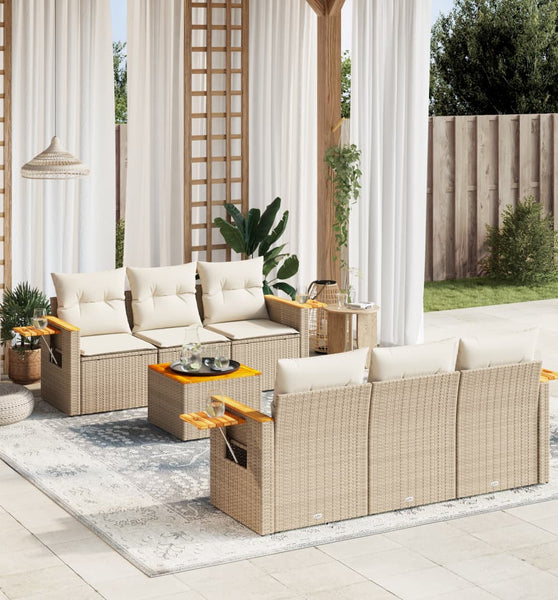 7-tlg. Garten-Sofagarnitur mit Kissen Beige Poly Rattan