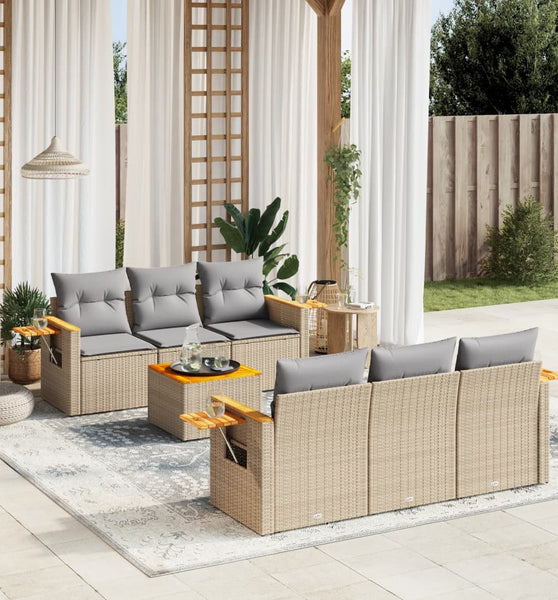 7-tlg. Garten-Sofagarnitur mit Kissen Beige Poly Rattan