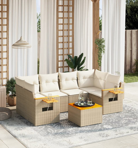 7-tlg. Garten-Sofagarnitur mit Kissen Beige Poly Rattan