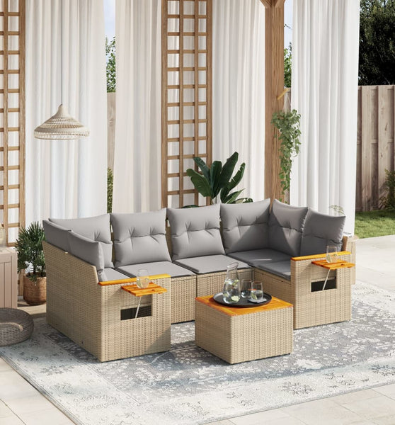7-tlg. Garten-Sofagarnitur mit Kissen Beige Poly Rattan