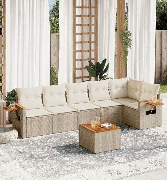 7-tlg. Garten-Sofagarnitur mit Kissen Beige Poly Rattan