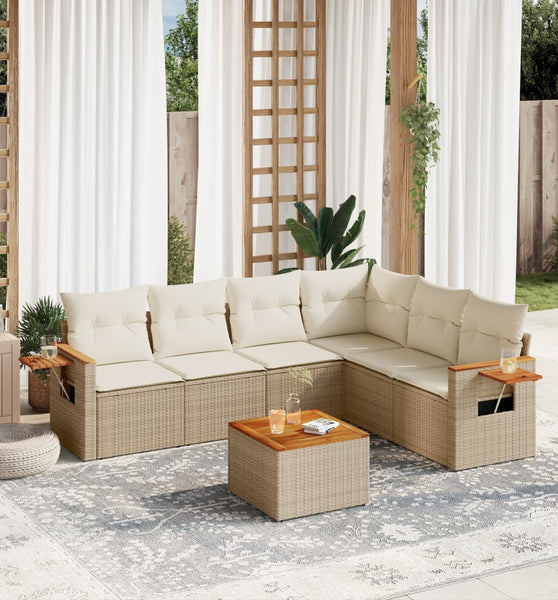 7-tlg. Garten-Sofagarnitur mit Kissen Beige Poly Rattan