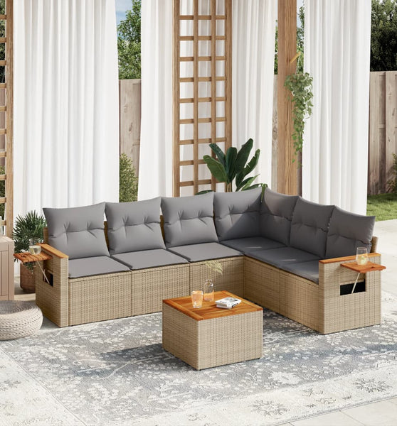 7-tlg. Garten-Sofagarnitur mit Kissen Beige Poly Rattan