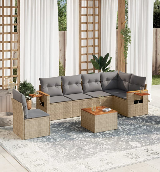 7-tlg. Garten-Sofagarnitur mit Kissen Beige Poly Rattan