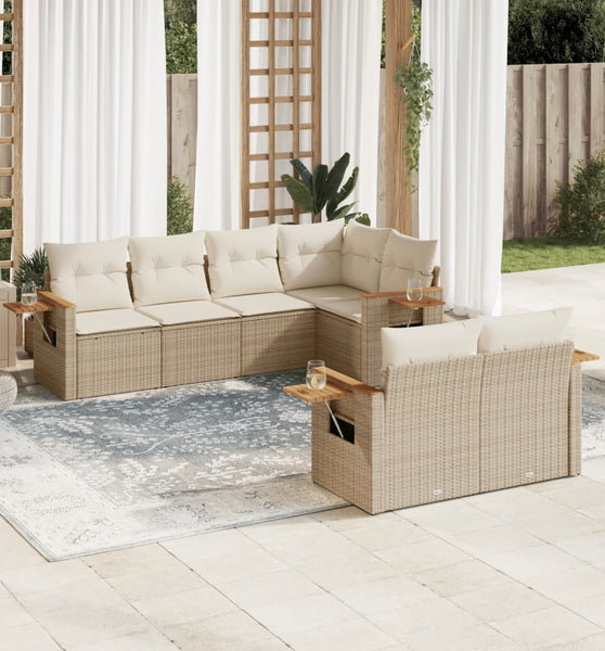 7-tlg. Garten-Sofagarnitur mit Kissen Beige Poly Rattan