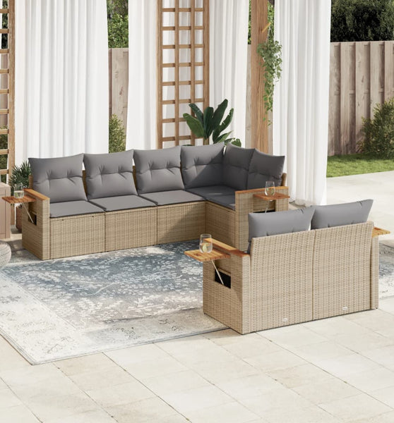 7-tlg. Garten-Sofagarnitur mit Kissen Beige Poly Rattan