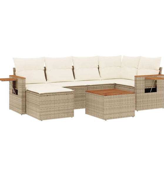 7-tlg. Garten-Sofagarnitur mit Kissen Beige Poly Rattan