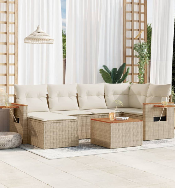 7-tlg. Garten-Sofagarnitur mit Kissen Beige Poly Rattan
