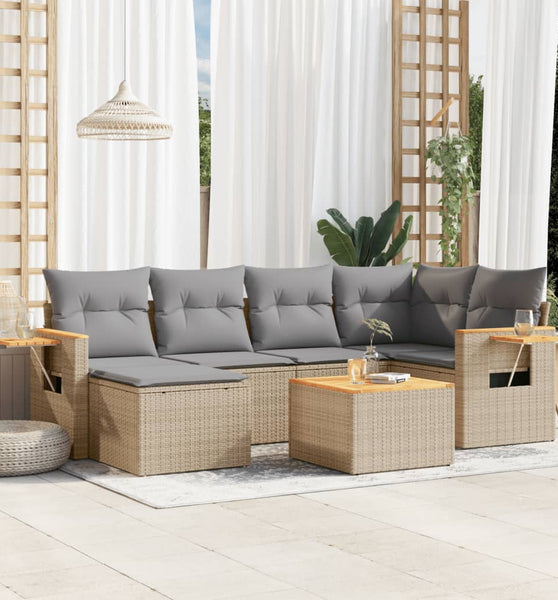 7-tlg. Garten-Sofagarnitur mit Kissen Beige Poly Rattan