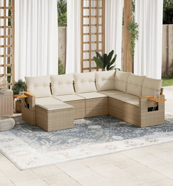7-tlg. Garten-Sofagarnitur mit Kissen Beige Poly Rattan