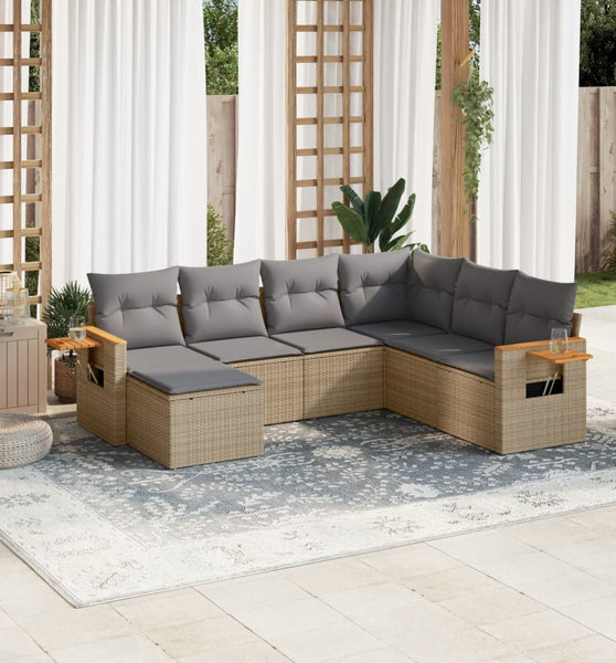 7-tlg. Garten-Sofagarnitur mit Kissen Beige Poly Rattan