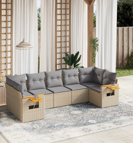 7-tlg. Garten-Sofagarnitur mit Kissen Beige Poly Rattan