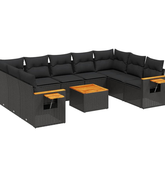 10-tlg. Garten-Sofagarnitur mit Kissen Schwarz Poly Rattan