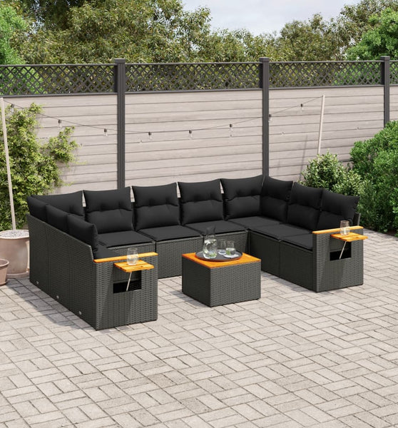 10-tlg. Garten-Sofagarnitur mit Kissen Schwarz Poly Rattan