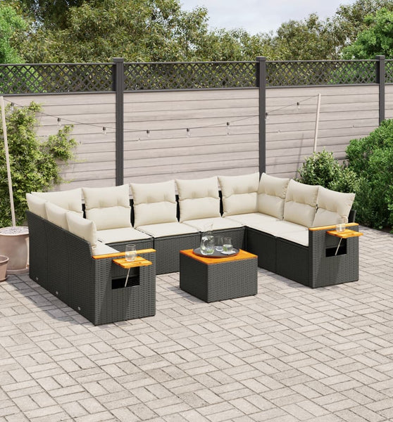 10-tlg. Garten-Sofagarnitur mit Kissen Schwarz Poly Rattan