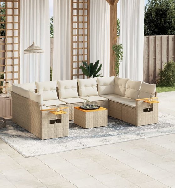 10-tlg. Garten-Sofagarnitur mit Kissen Beige Poly Rattan