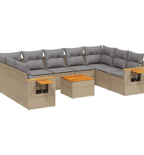 10-tlg. Garten-Sofagarnitur mit Kissen Beige Poly Rattan