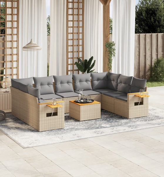 10-tlg. Garten-Sofagarnitur mit Kissen Beige Poly Rattan