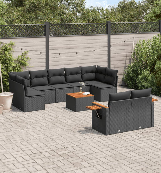 10-tlg. Garten-Sofagarnitur mit Kissen Schwarz Poly Rattan