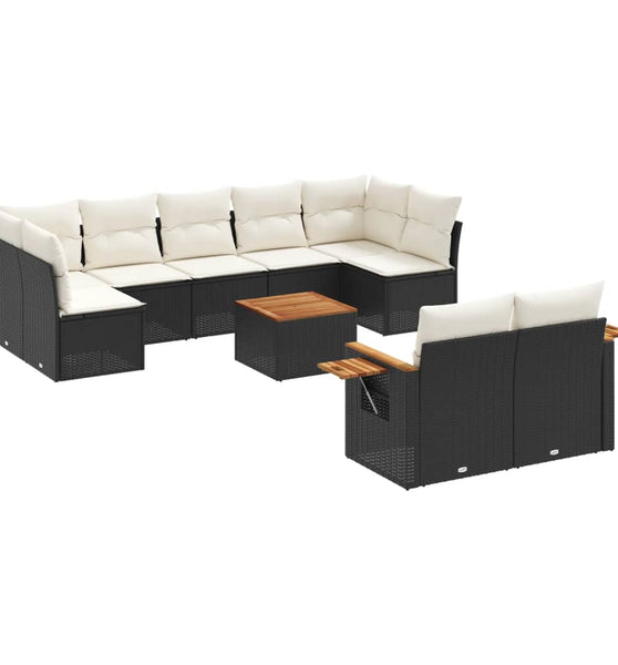 10-tlg. Garten-Sofagarnitur mit Kissen Schwarz Poly Rattan
