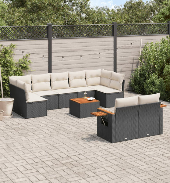 10-tlg. Garten-Sofagarnitur mit Kissen Schwarz Poly Rattan