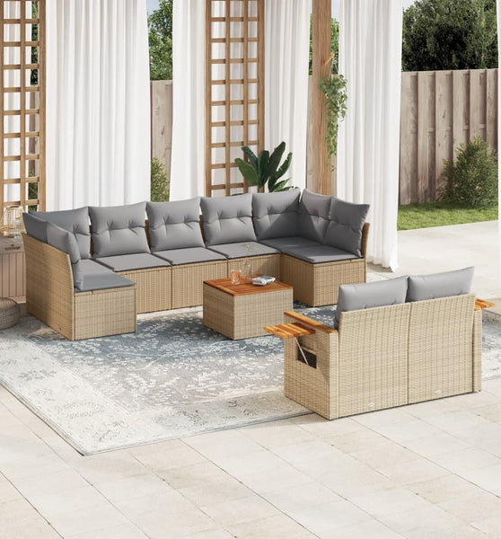 10-tlg. Garten-Sofagarnitur mit Kissen Beige Poly Rattan