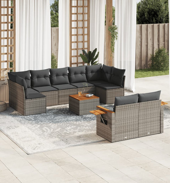 10-tlg. Garten-Sofagarnitur mit Kissen Grau Poly Rattan