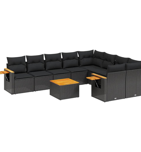 10-tlg. Garten-Sofagarnitur mit Kissen Schwarz Poly Rattan