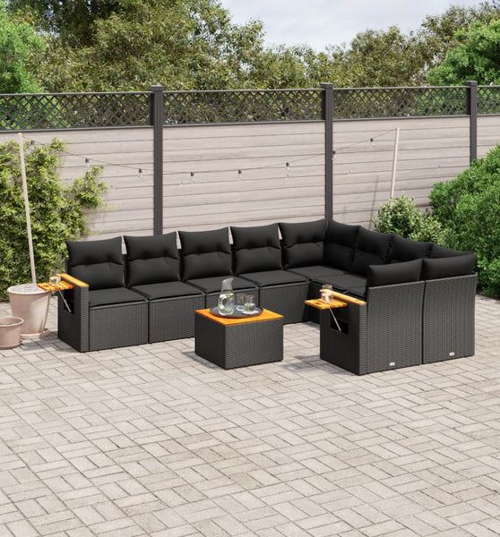 10-tlg. Garten-Sofagarnitur mit Kissen Schwarz Poly Rattan