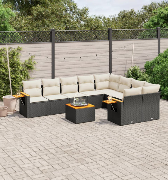10-tlg. Garten-Sofagarnitur mit Kissen Schwarz Poly Rattan