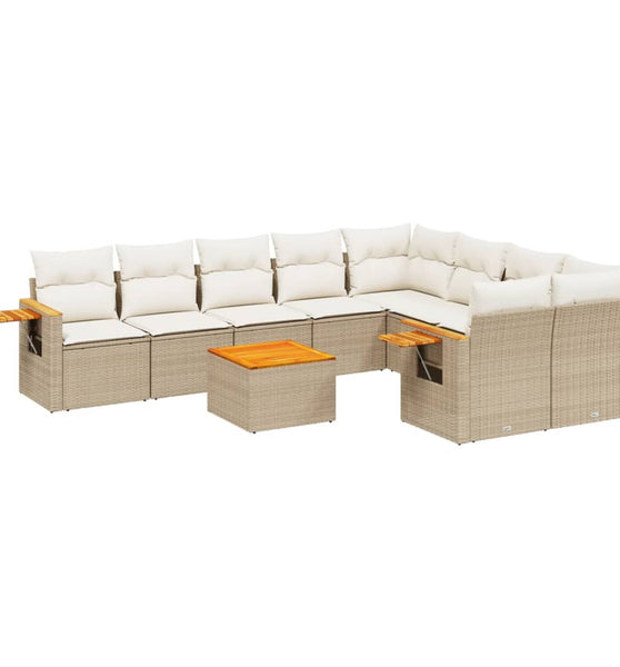 10-tlg. Garten-Sofagarnitur mit Kissen Beige Poly Rattan