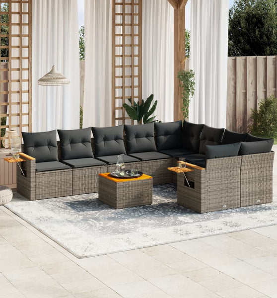 10-tlg. Garten-Sofagarnitur mit Kissen Grau Poly Rattan
