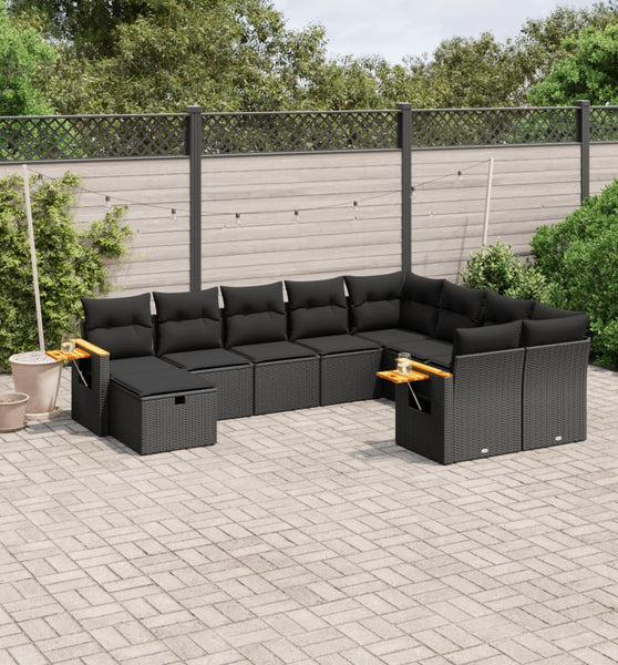 10-tlg. Garten-Sofagarnitur mit Kissen Schwarz Poly Rattan