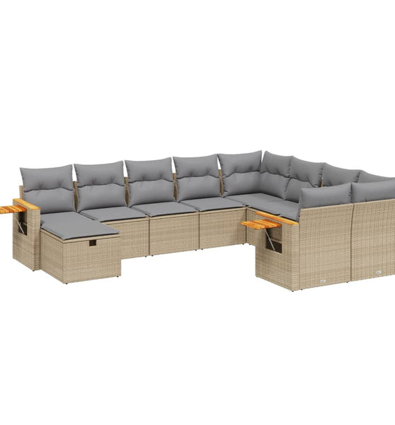 10-tlg. Garten-Sofagarnitur mit Kissen Beige Poly Rattan