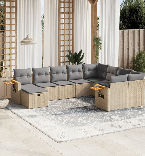 10-tlg. Garten-Sofagarnitur mit Kissen Beige Poly Rattan