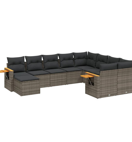 10-tlg. Garten-Sofagarnitur mit Kissen Grau Poly Rattan